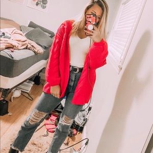 Bright Red Oversized Knit Cardigan
